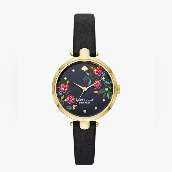 Kate Spade New York Holland Rose Bush Black Leather Strap Watch - Picture 2 of 11